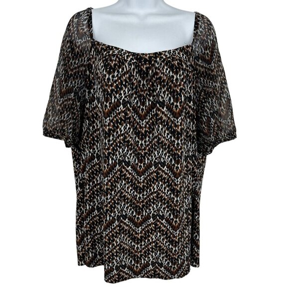 Lane Bryant Cheetah Zigzag Square Neck Elastic Sleeves Top Womens Size 22/24 - Picture 1 of 8